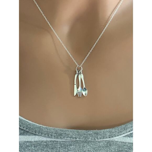 Sterling Silver Cutlery Necklace, Silver Spoon, Fork and Knife Necklace - Picture 2 of 5